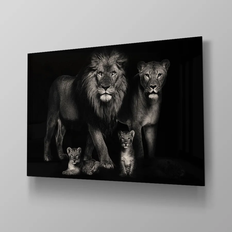 Lions with 2 Cubs Black White - Afbeelding 4